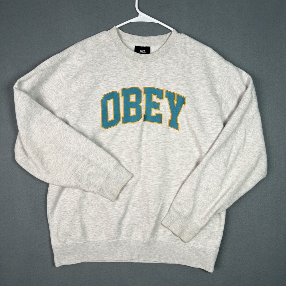 OBEY Arch Logo Crewneck M Sweatshirt Gray Teal Gold Blue Collegiate Pullover